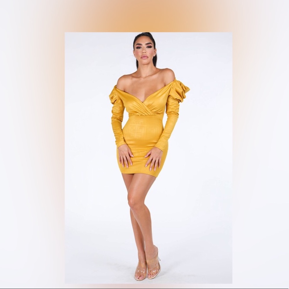 Yellow designer embossed mini dress